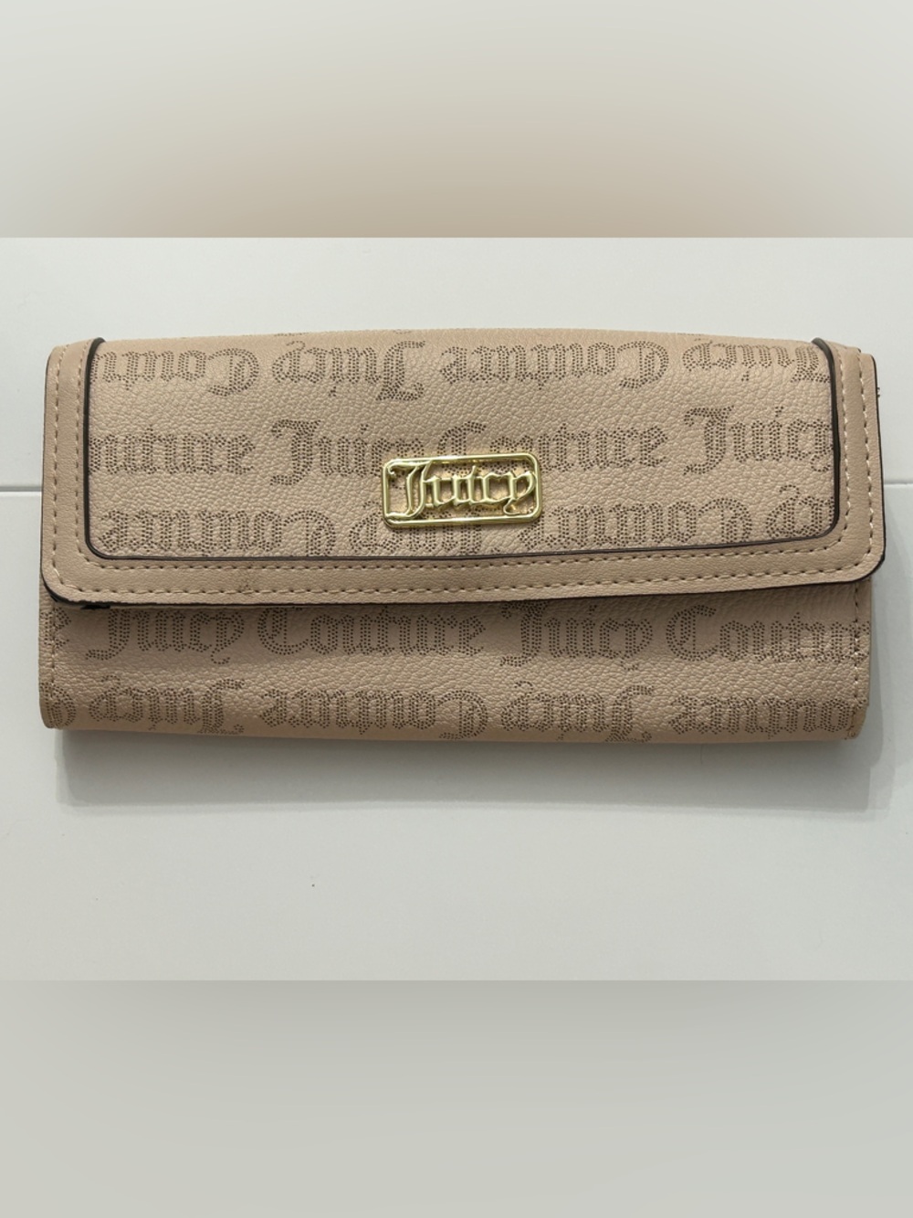 Juicy Couture Monogram Gold Tone Hardware Long Snap Wallet Beige Faux Leather